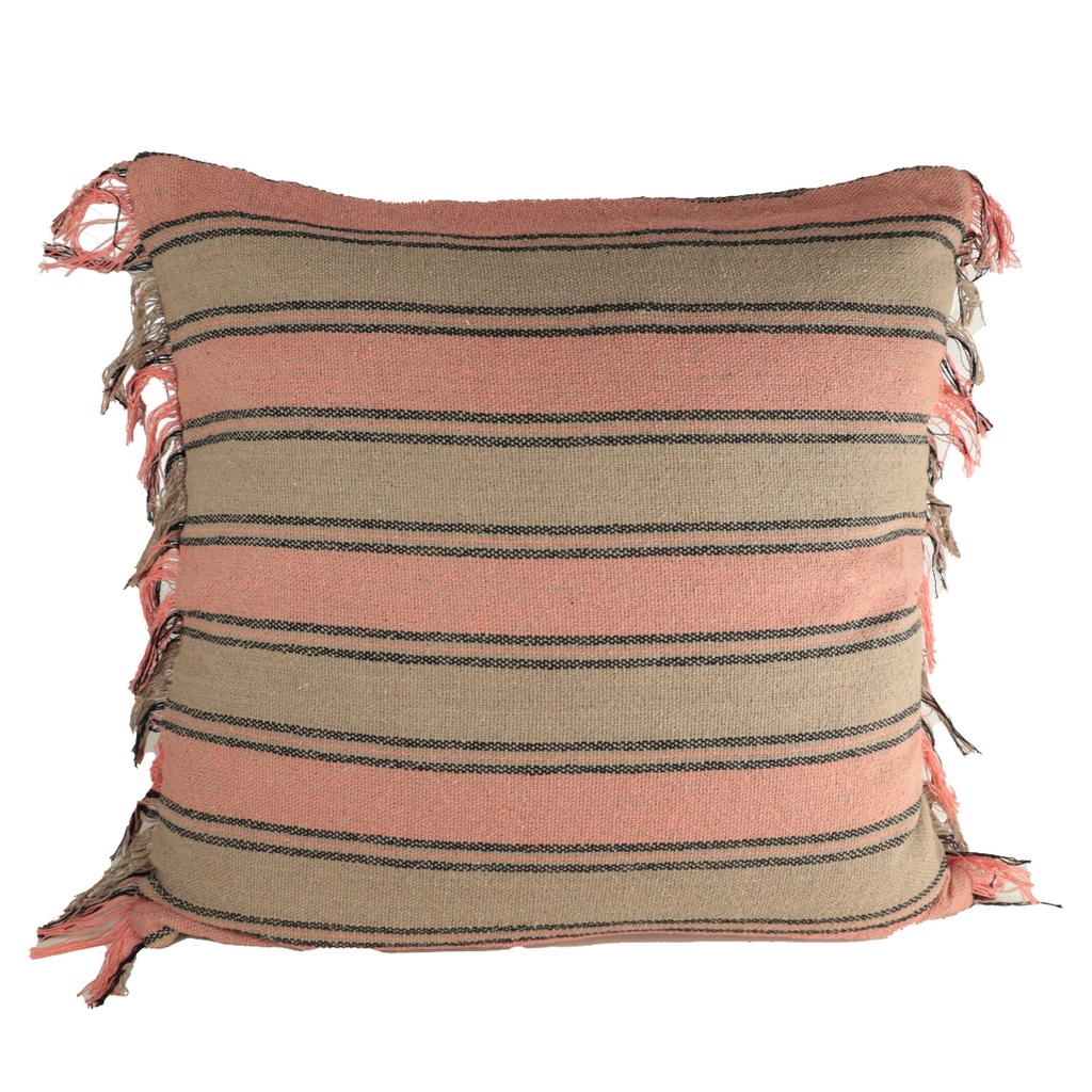 Coussin franges taupe et corail 50x50 cm