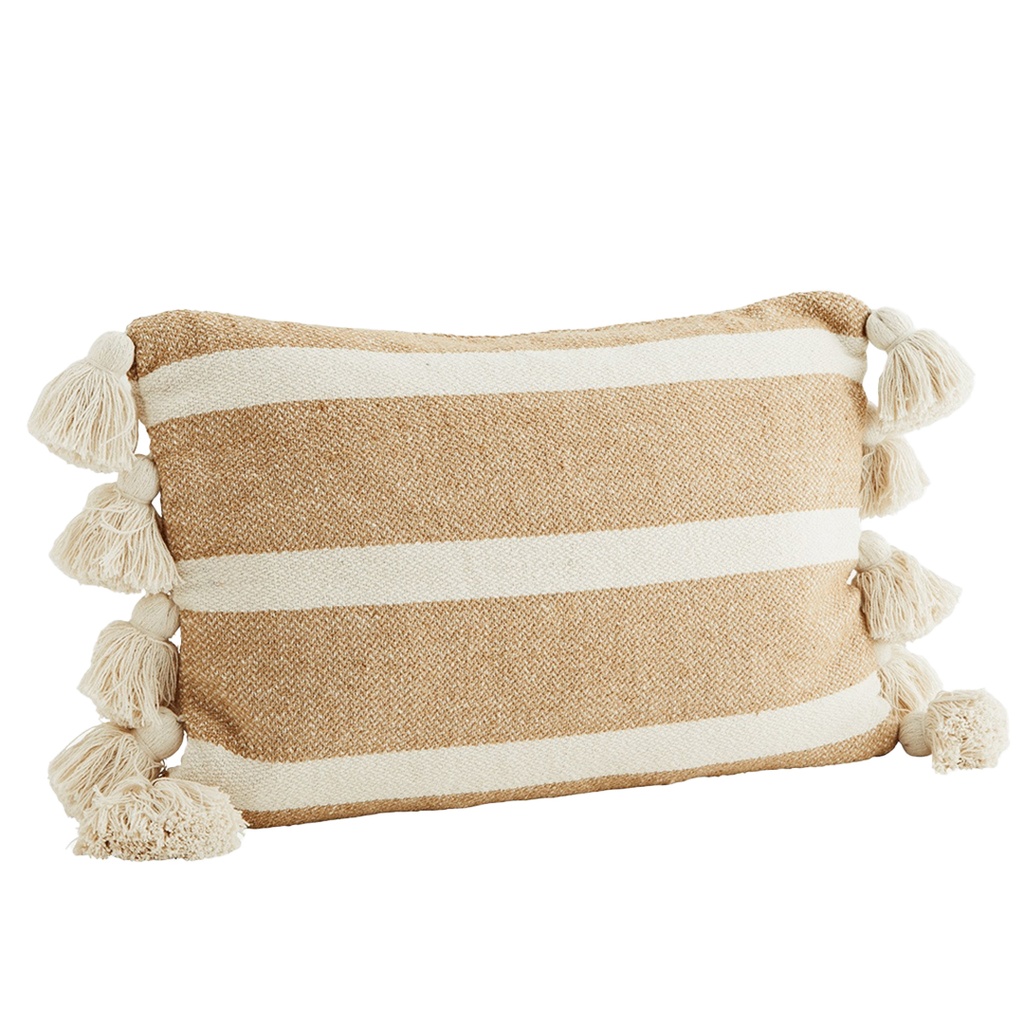 Coussin blanc et beige avec 10 pompons complet