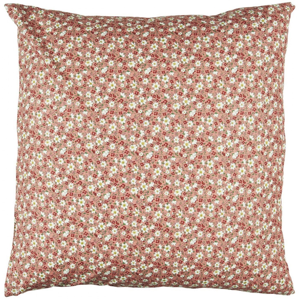 Coussin rose et fleurs blanches/rouges