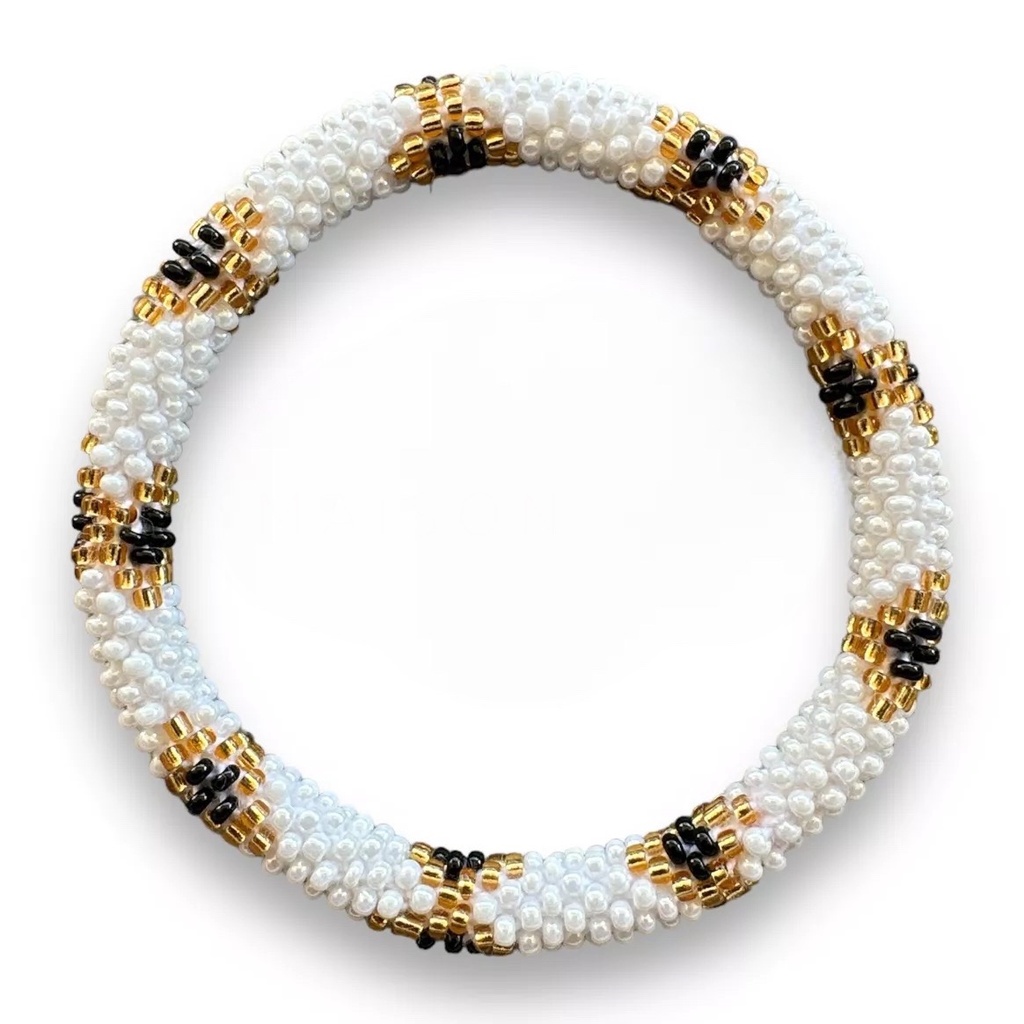 Bracelet perles de verre blanc doré et noir
