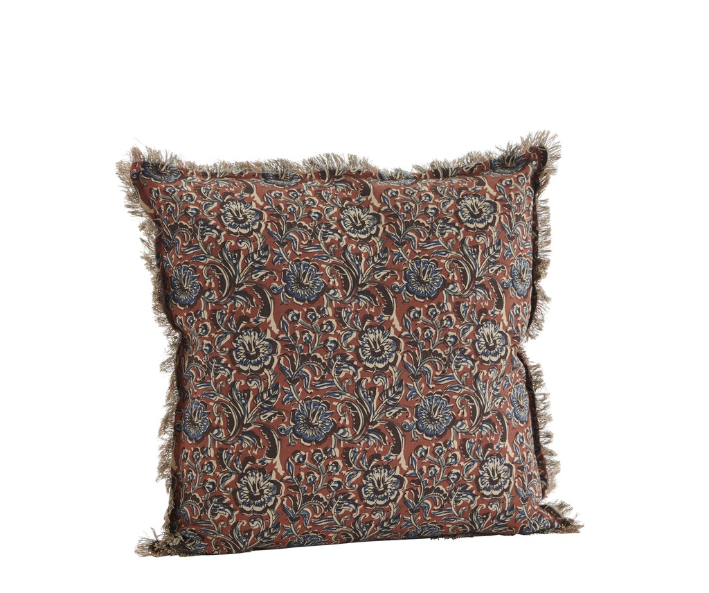 Coussin imprimée avec franges 50x50 cm Coton - Rouge brûlé, bleu, chocolat, gris, beige