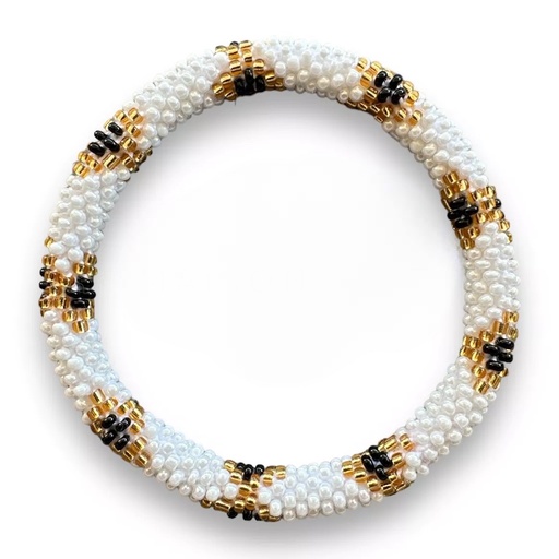 [KZ000008] Bracelet perles de verre blanc doré et noir